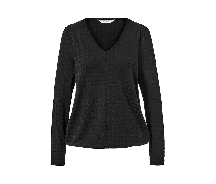 Schwarzes, strukturiertes Langarmshirt.