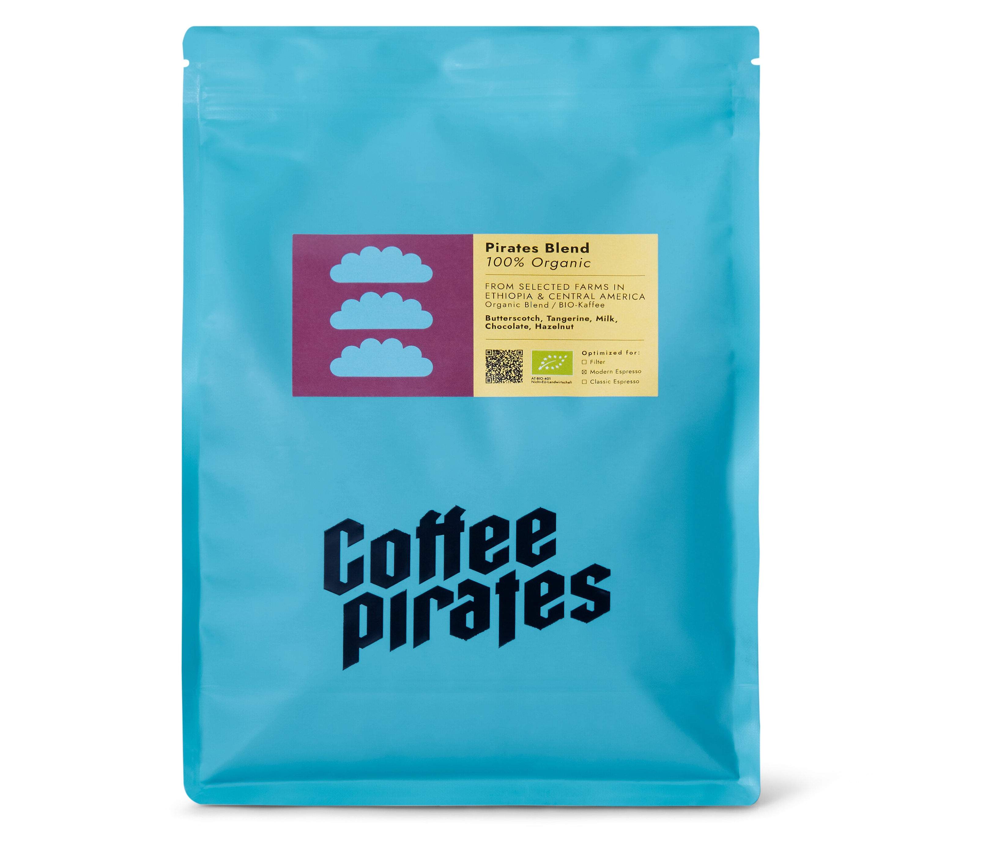 Blaue Packung Coffee Pirates - Pirates Blend Bio Espresso - 1 kg Ganze Bohne.