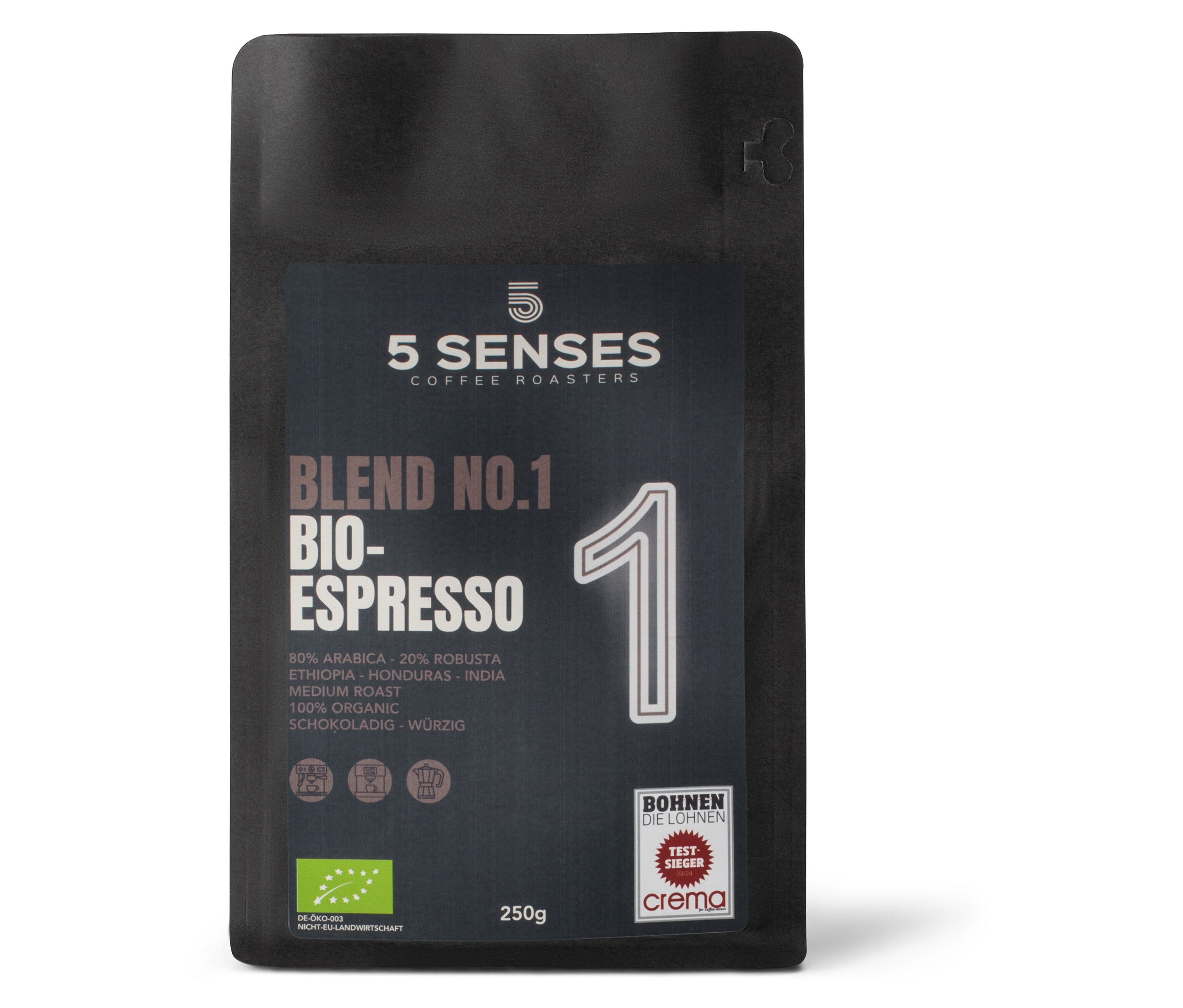 Eine 250-g-Packung 5 Senses - Blend No.1 Bio-Espresso - Ganze Bohne.