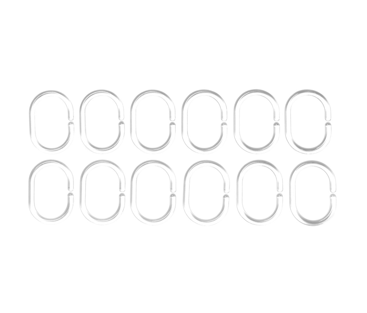 Zehn transparente Duschvorhangringe in zwei Reihen angeordnet.