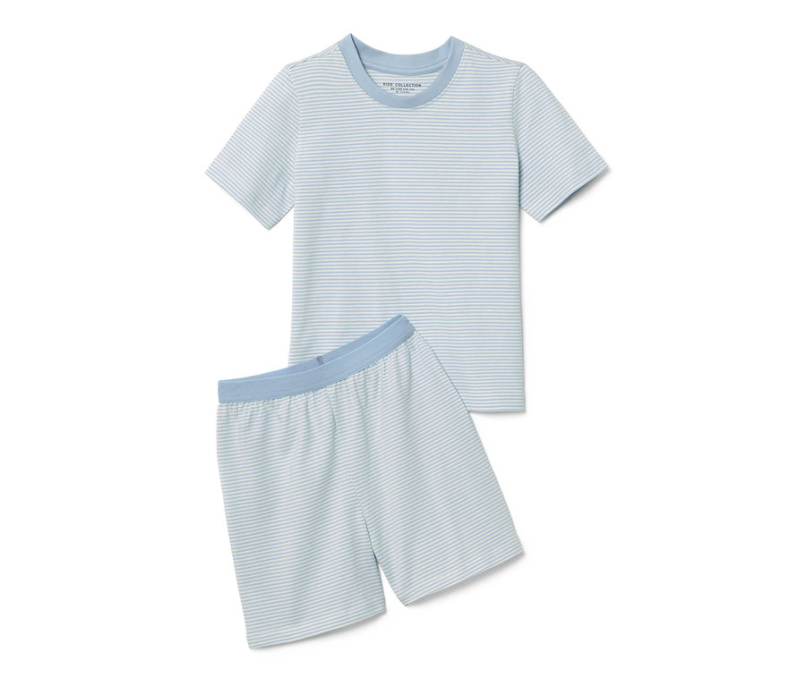 Ein Kinder-Shorty-Pyjama mit blauen Streifen.