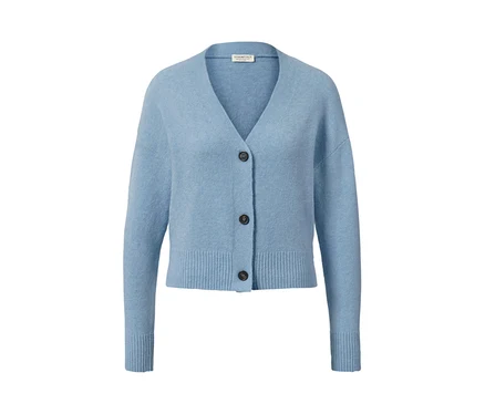 Blauer Grobstrick-Cardigan mit Knöpfen.