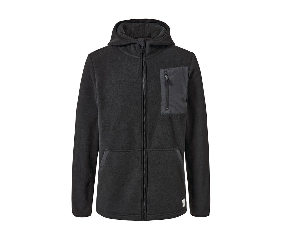 Schwarze Fleecejacke mit Reißverschluss und Kapuze.