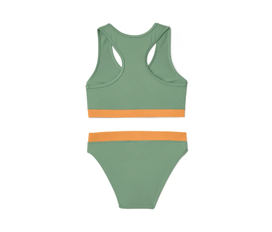 Grün-orangefarbenes Kinder-Bikini-Set, 3-teilig.