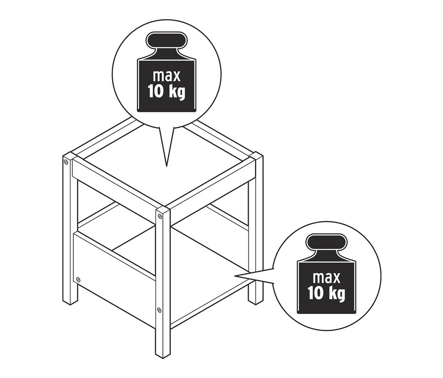 Schwarz-weiße Darstellung eines Beistelltisches mit einer maximalen Belastung von 10 kg.