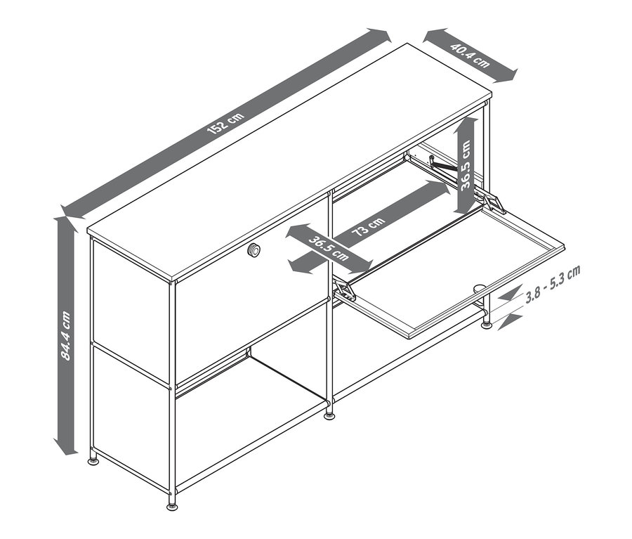 Illustration eines Sideboards Metall »CN3« mit Holzplatte und versetzbaren Klappenfächern mit Abmessungen.