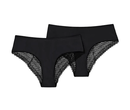 Zwei schwarze Brazilslips mit Spitze.