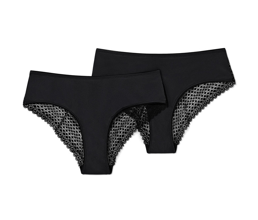 Zwei schwarze Brazilslips mit Spitze.