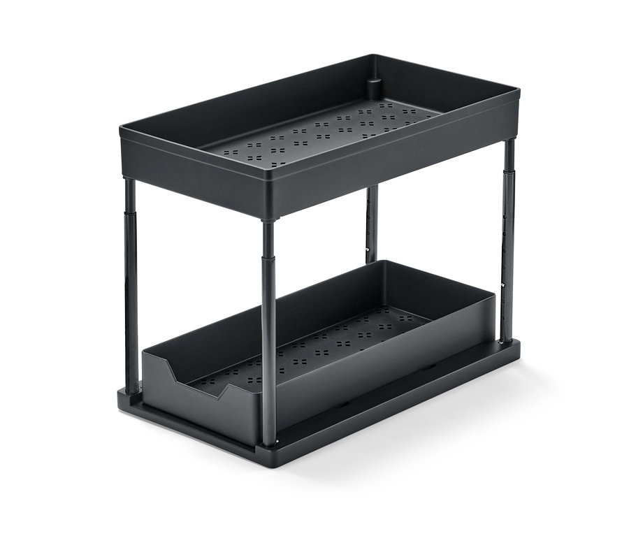 Schwarzer Schrankauszug mit höhenverstellbaren Regalen.