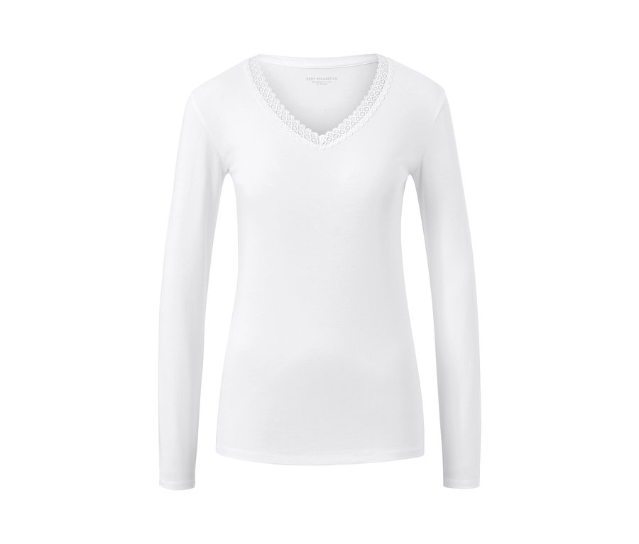 Weißes Langarm-Unterhemd mit Spitze am Ausschnitt.