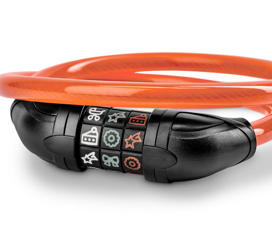 Orangefarbenes Kinder-Fahrradschloss mit Symbolen.