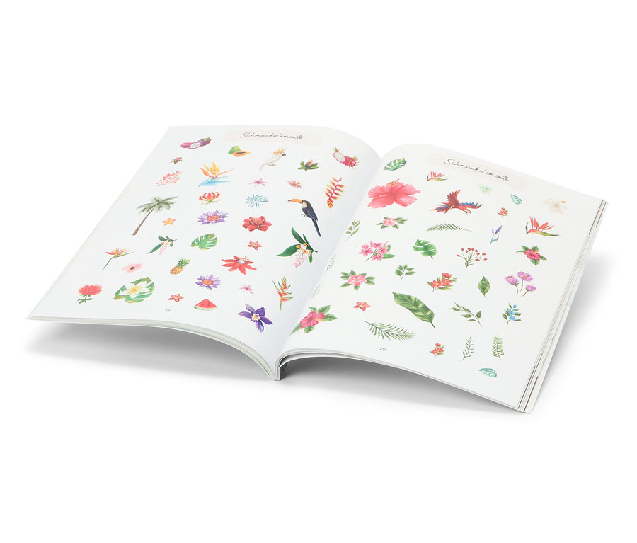 Offenes Buch »Stickerträume« mit tropischen Aufklebern.