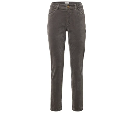 Graue Cordhose mit geradem Schnitt.