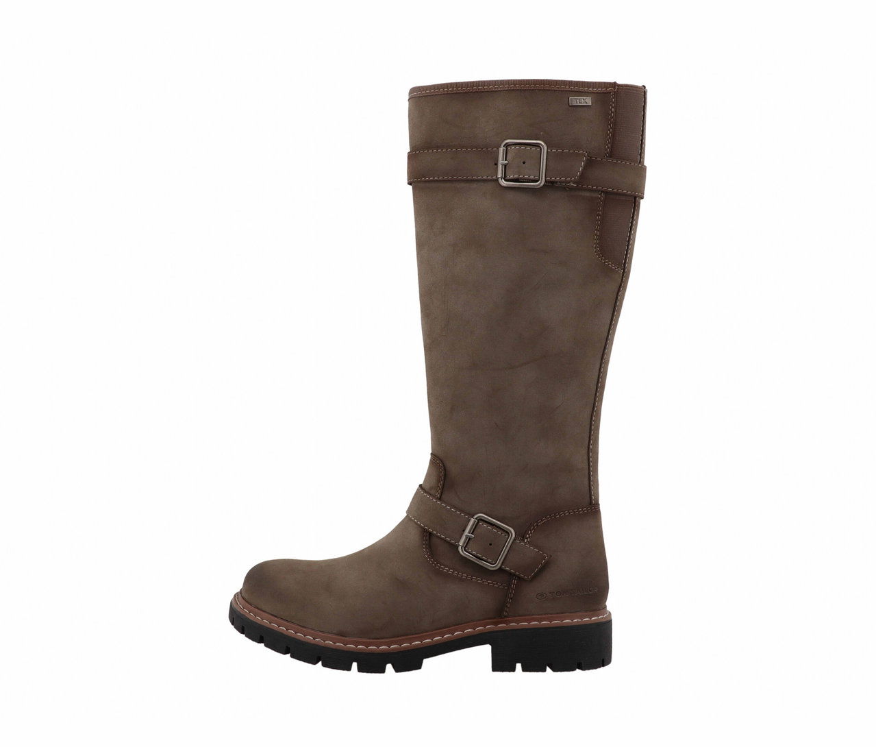 Ein brauner Tom Tailor Stiefel mit Schnallen, der bis zum Knie reicht und eine dicke schwarze Sohle hat.