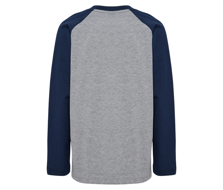 Graues HUMMEL HMLJR Raglan Loose T-Shirt BEE mit blauen Raglanärmeln.