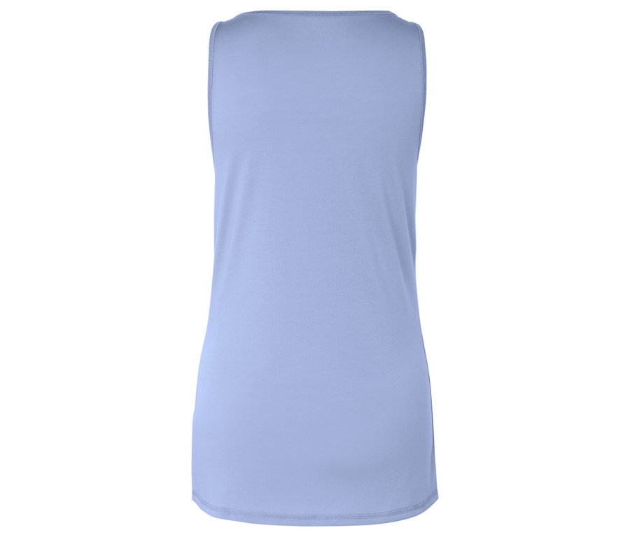 Rückansicht eines hellblauen, ärmellosen Tops.