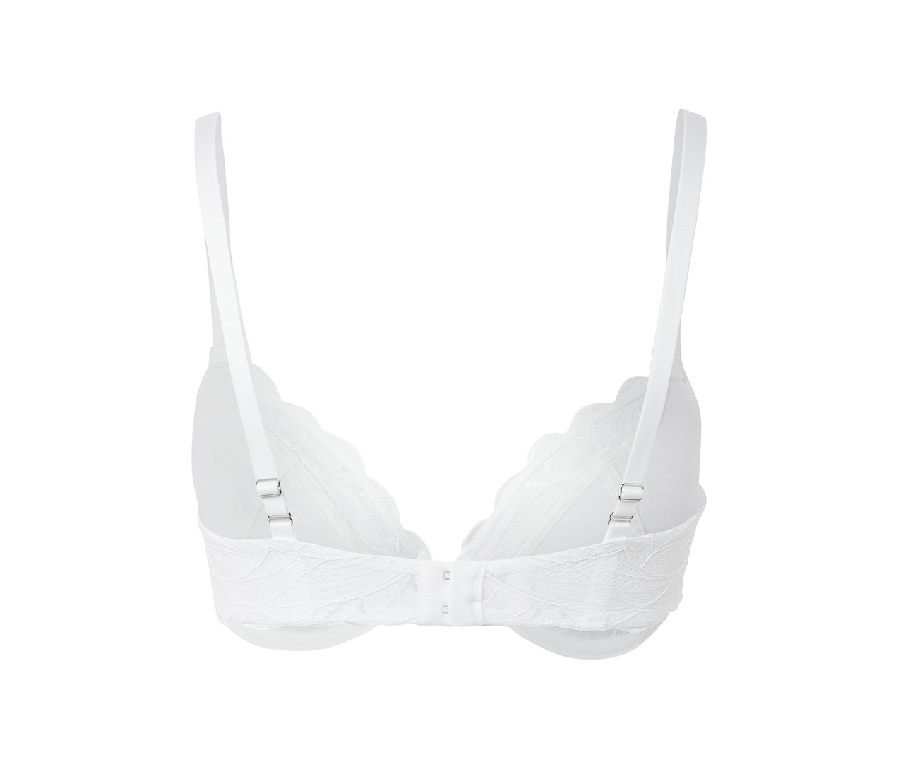 Detailansicht eines weißen Bügel-BHs mit Spitze.