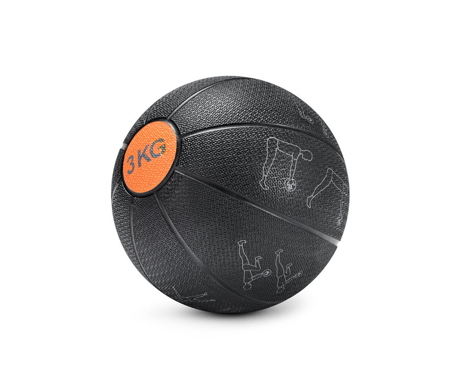 Schwarzer Gewichtsball, 3 kg, mit orangefarbenem Aufdruck und Abbildungen von trainierenden Personen.