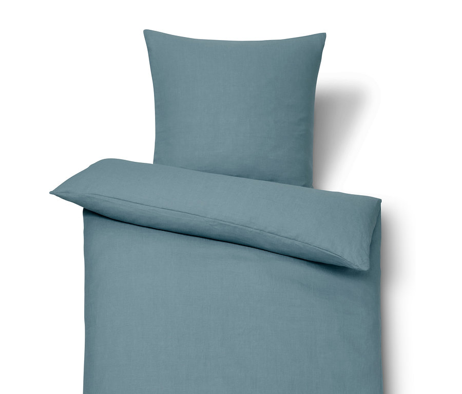 Blaue Leinen-Bettwäsche in Normal- und Übergröße.