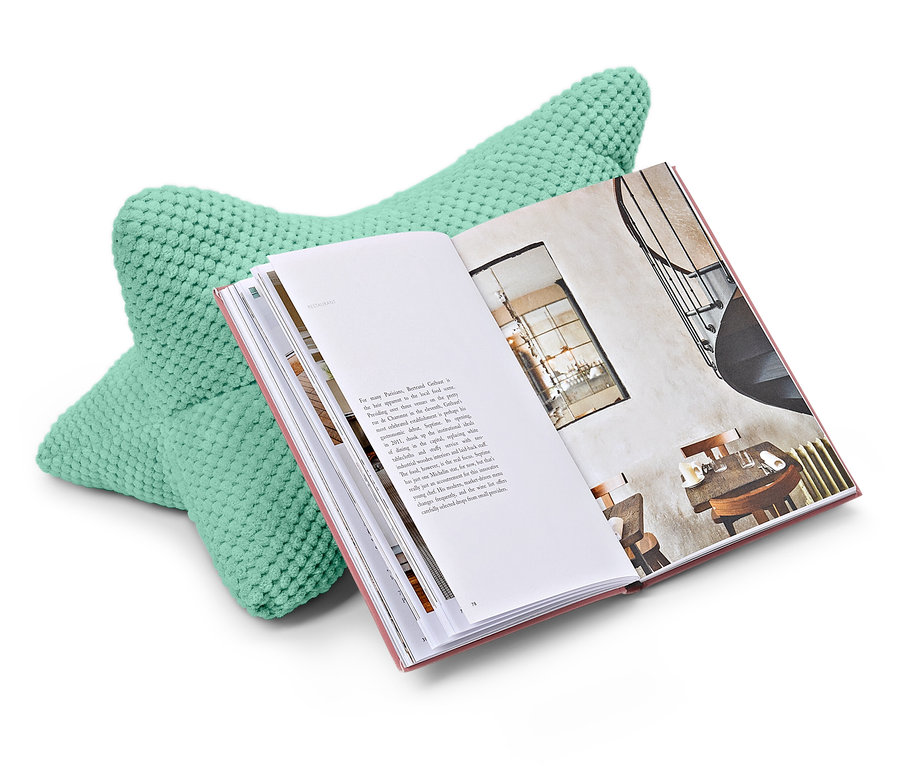 Ein mintgrünes Lesekissen stützt ein aufgeschlagenes Buch.