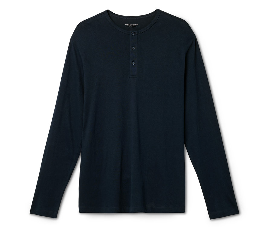 Dunkelblaues Langarmshirt mit Knopfleiste.