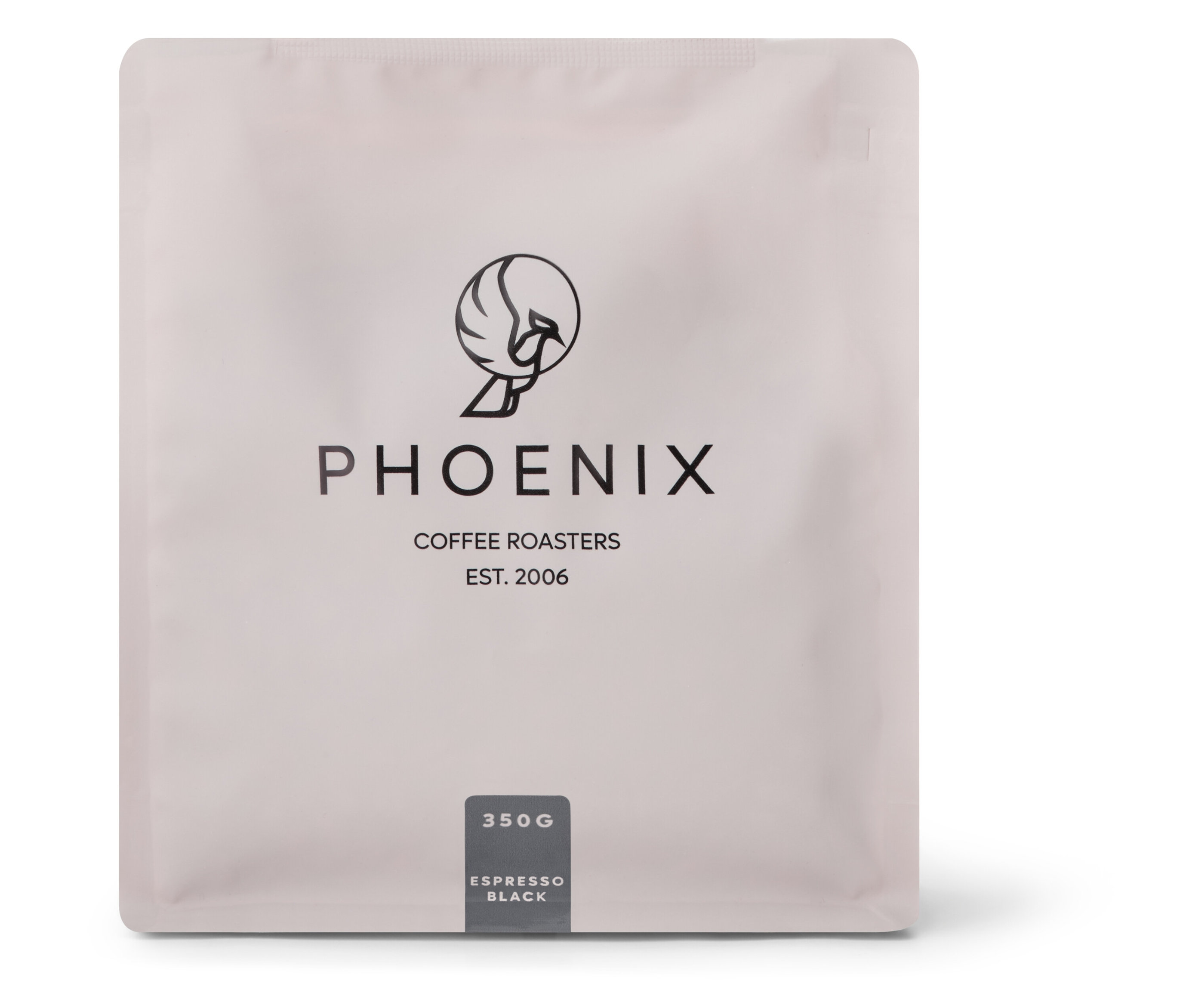 Weiße Verpackung von Phoenix - Black Espresso - 350 g Ganze Bohne.