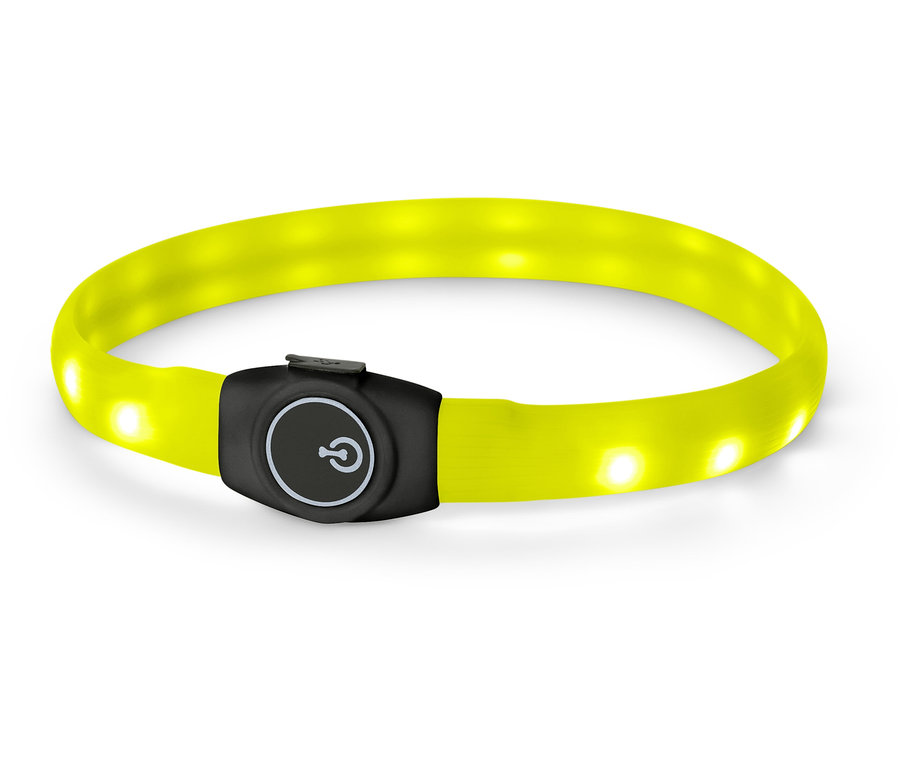 Gelbes LED-Armband mit einem Verschluss mit einem Einschaltsymbol in der Mitte.