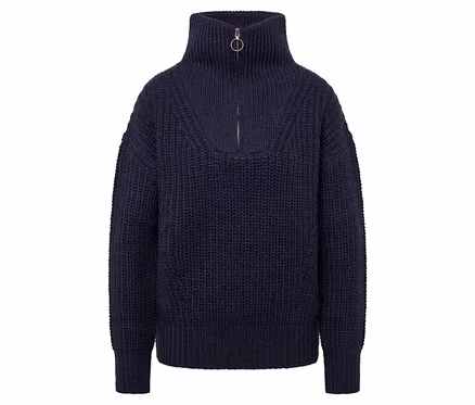 Marineblauer Strickpullover mit Rollkragen und Reißverschluss.