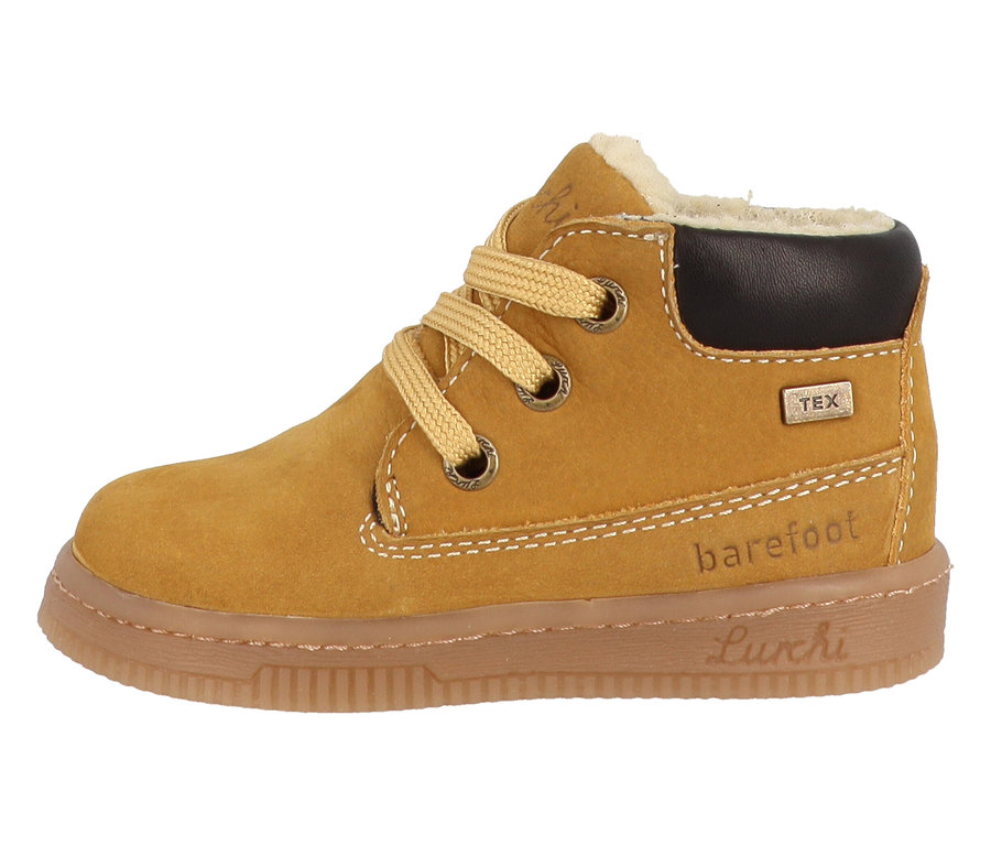 Ein brauner LURCHI »Fleximo Barefoot-TEX« Schuh vor weißem Hintergrund.