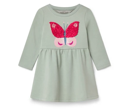 Hellgrünes Kinderkleid mit langen Ärmeln und Schmetterlingsapplikation.