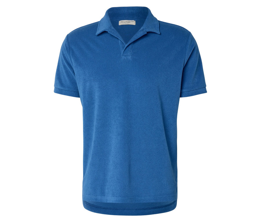Blaues Poloshirt mit kurzen Ärmeln.