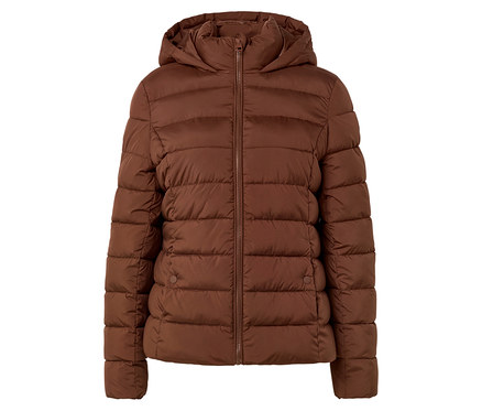 Braune, gesteppte Jacke mit Kapuze und Reißverschluss vorne.