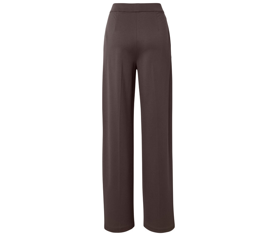 Rückansicht einer braunen Stoffhose mit hohem Bund und weitem Bein.