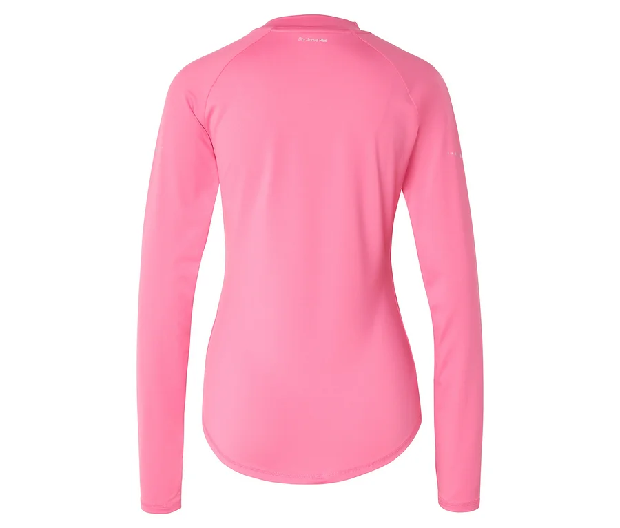 Rückansicht eines pinken, langärmligen Sportoberteils mit Rundhalsausschnitt.