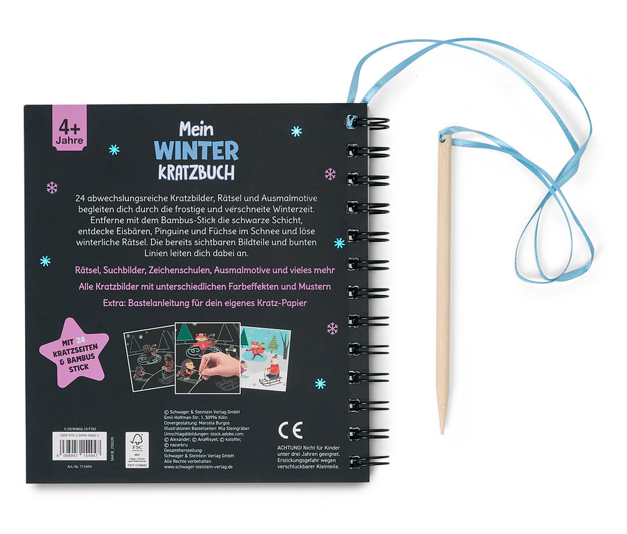 Winter-Kratzbuch mit 24 Kratzseiten und Bambus-Stick liegt auf einem Tisch.