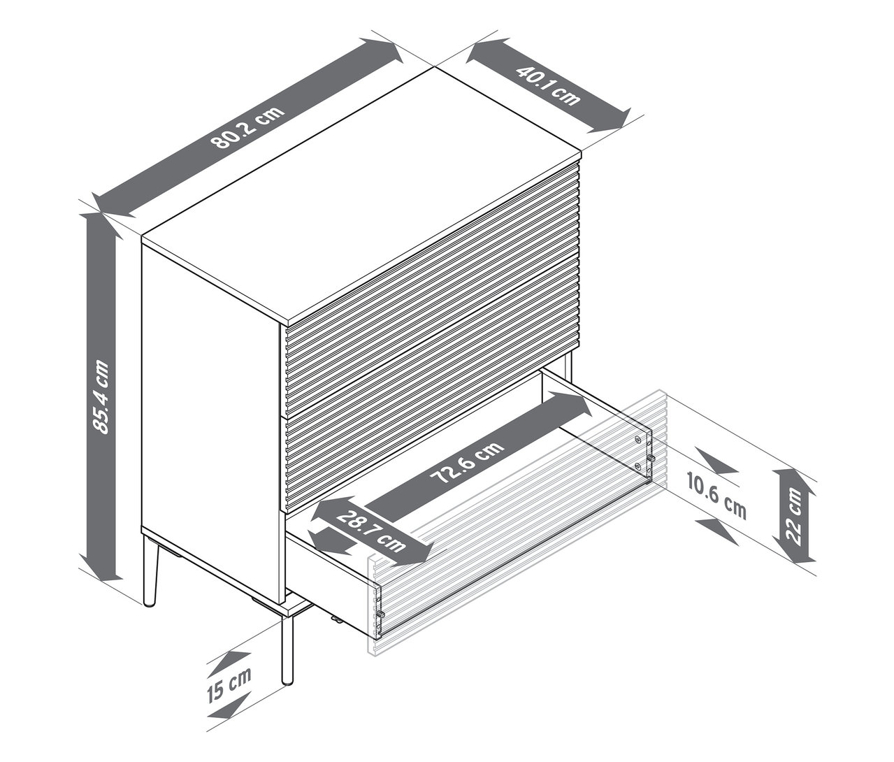 Detailreiche schematische Darstellung einer »REET« Kommode mit Lamellenoptik und Maßangaben.