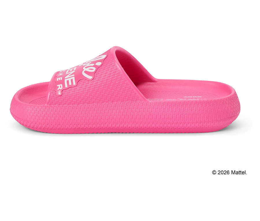 Profilansicht einer einzelnen pinkfarbenen Badesandale mit weißem Aufdruck.