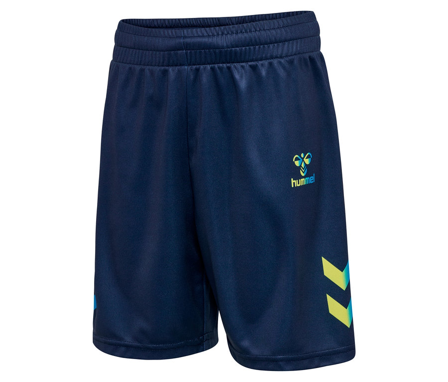 Nahaufnahme einer marineblauen Hummel-Sporthose vor einem weißen Hintergrund.