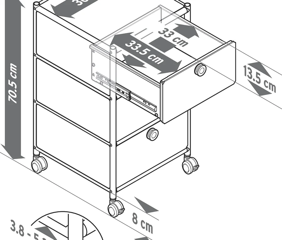 Ein Rollcontainer »CN3« mit drei Schubladen, eine davon offen, zeigt seine Maße: 70,5 cm Höhe, 40 cm Breite und 40 cm Tiefe. Details zu Schubladen, Rollen und verstellbaren Füßen sind ebenfalls angegeben.