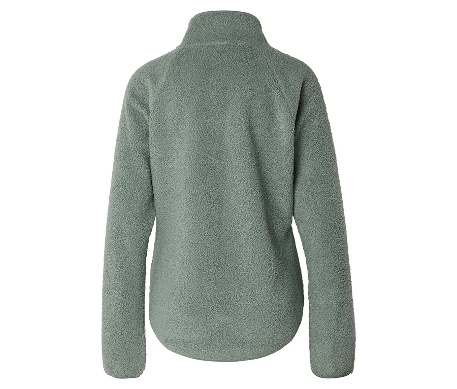 Rückansicht einer hellgrünen Fleecejacke mit Reißverschluss bis zum Hals vor einem weißen Hintergrund.