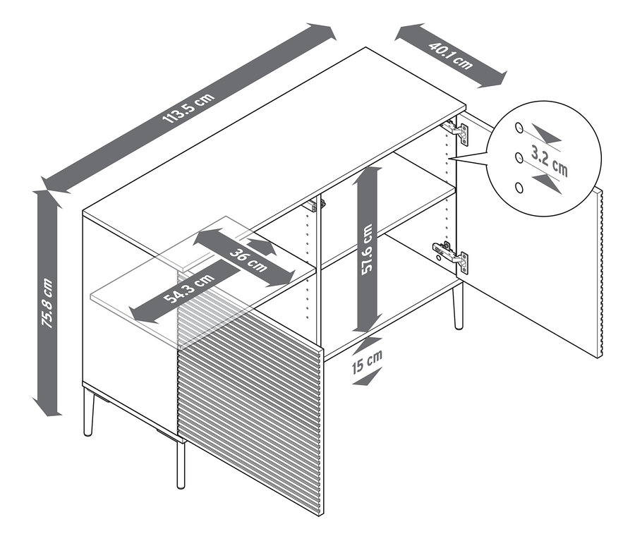 Draufsicht des Sideboards »REET« mit Lamellenoptik und den Abmessungen.