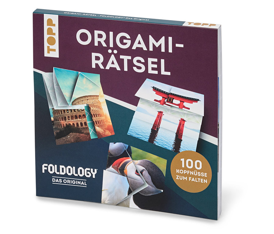 Das Buch »Origami-Rätsel« liegt auf einem Tisch und zeigt Bilder von Origami-Kreationen.