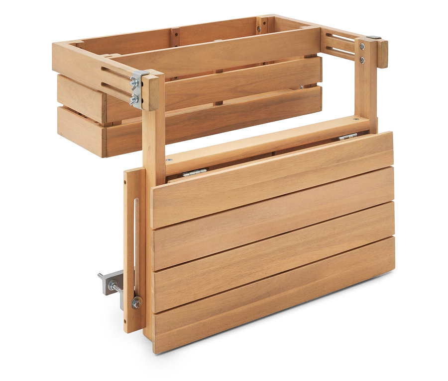 Holzkonstruktion mit einem Regal und einer klappbaren Tischplatte auf einem weißen Hintergrund.