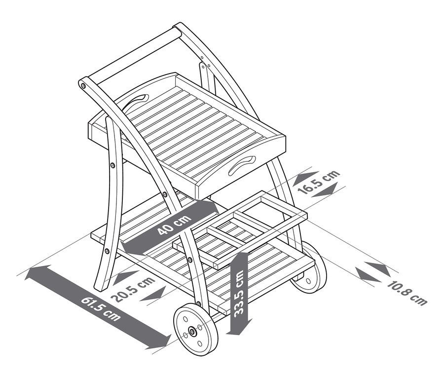 Abbildung eines Barwagens mit abnehmbarem Tablett und Maßangaben.