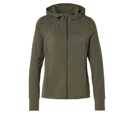 Eine grüne Sportjacke mit Kapuze und Reißverschluss.