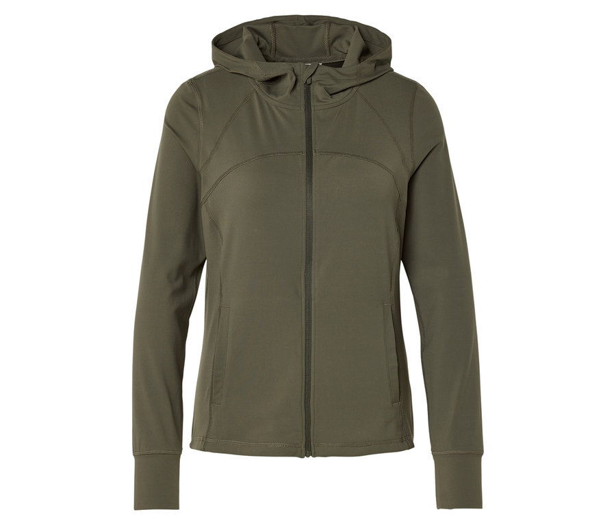 Eine grüne Sportjacke mit Kapuze und Reißverschluss.