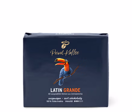 Verpackung Privat Kaffee Latin Grande, mit einem Tukan darauf.