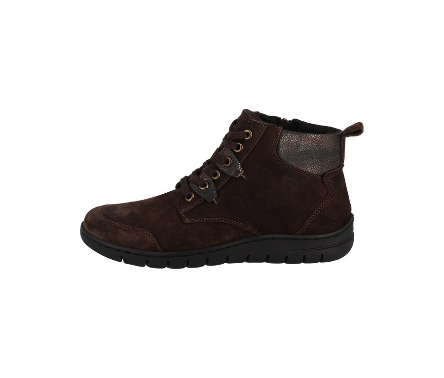 Brauner Romika Velours-Schnürstiefel mit Reißverschluss und schwarzer Sohle.