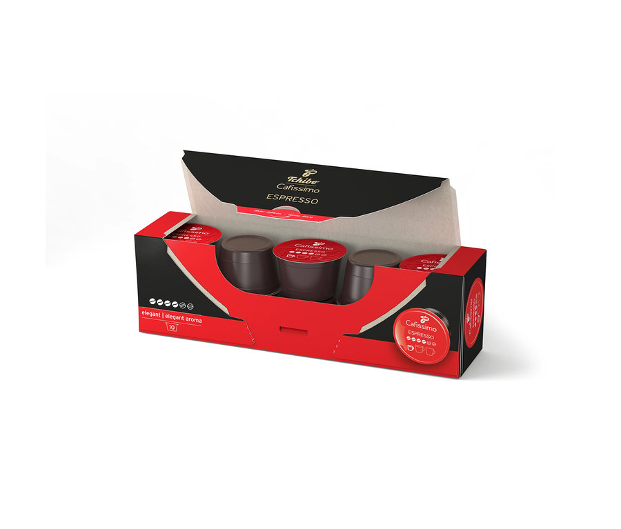 Offene rote und schwarze Schachtel mit 10 Tchibo Cafissimo Espresso elegant Kapseln. Mehrere dunkelbraune Kapseln sind sichtbar.