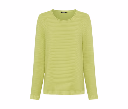 Hellgrüner Langarm-Pullover mit Rundhalsausschnitt und gerippter Strickstruktur, mit subtilen Musterabweichungen.